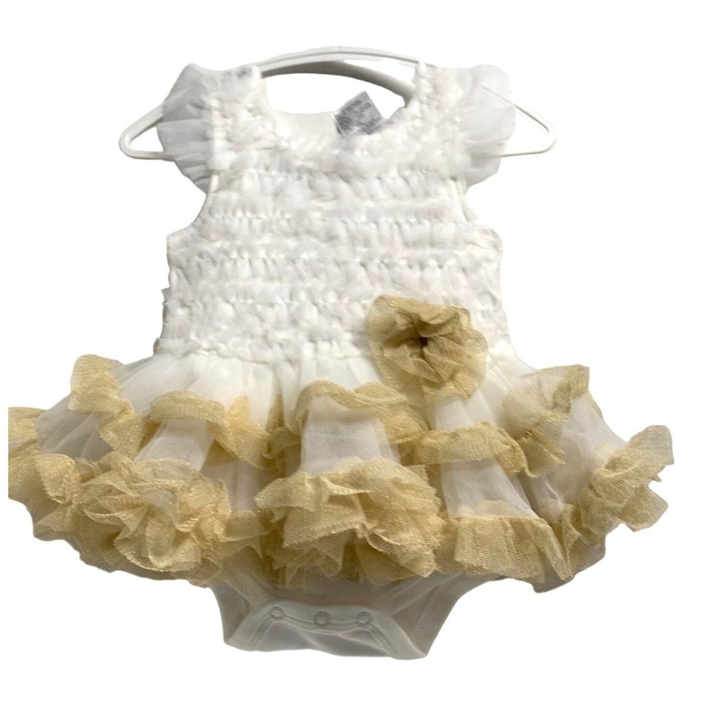 Baby Essentials Girls Infant Baby Size 3 months White Tan Tule Tiered Fancy Dres